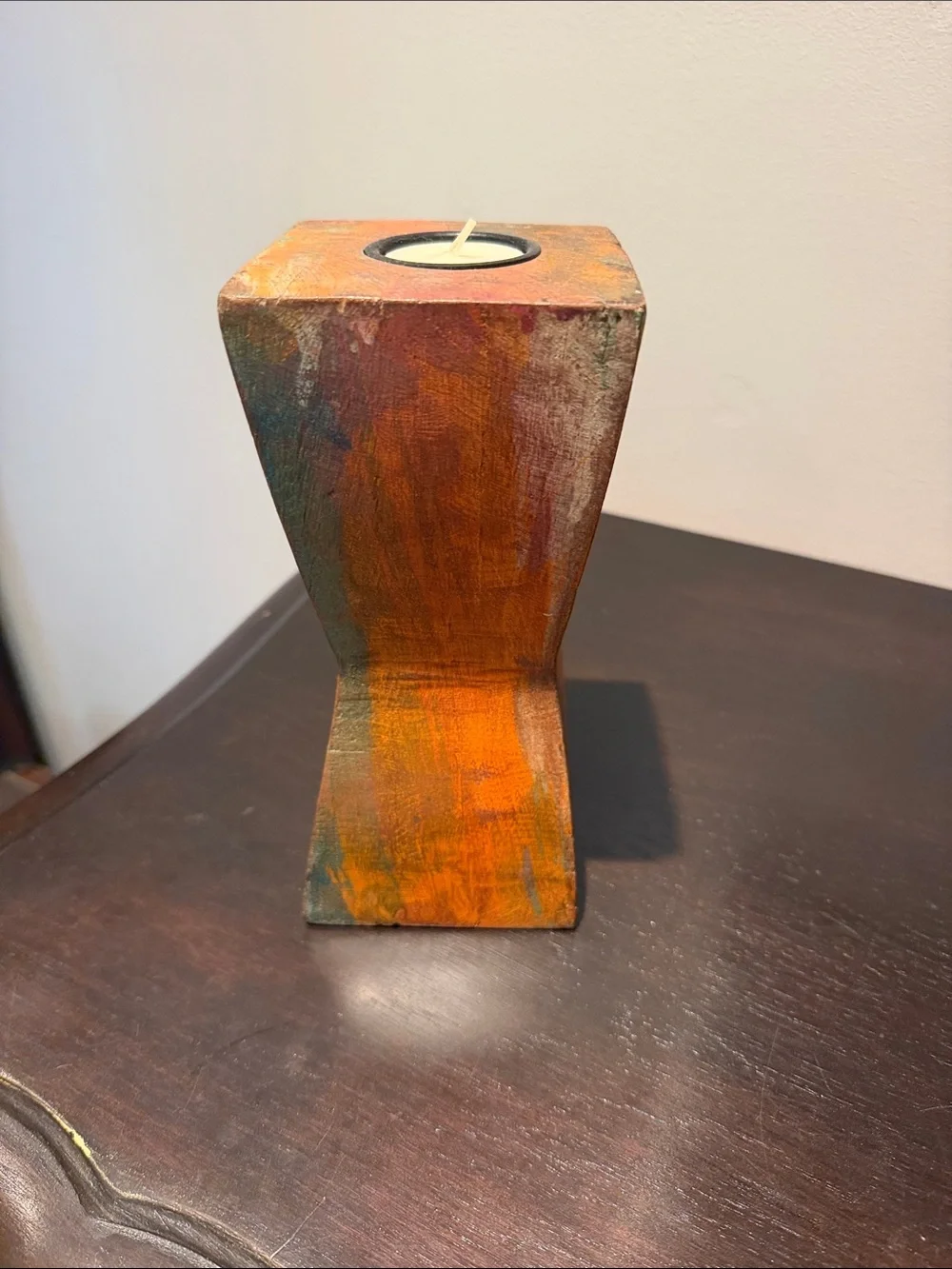 Hand carved solid wood tea light candle holder